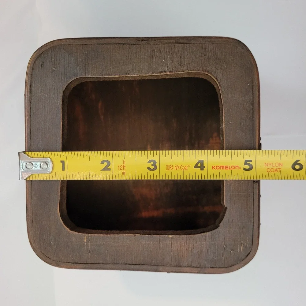 Vintage Decorative Keepsake Box Brown Floral Embossed Bamboo Trim Flared